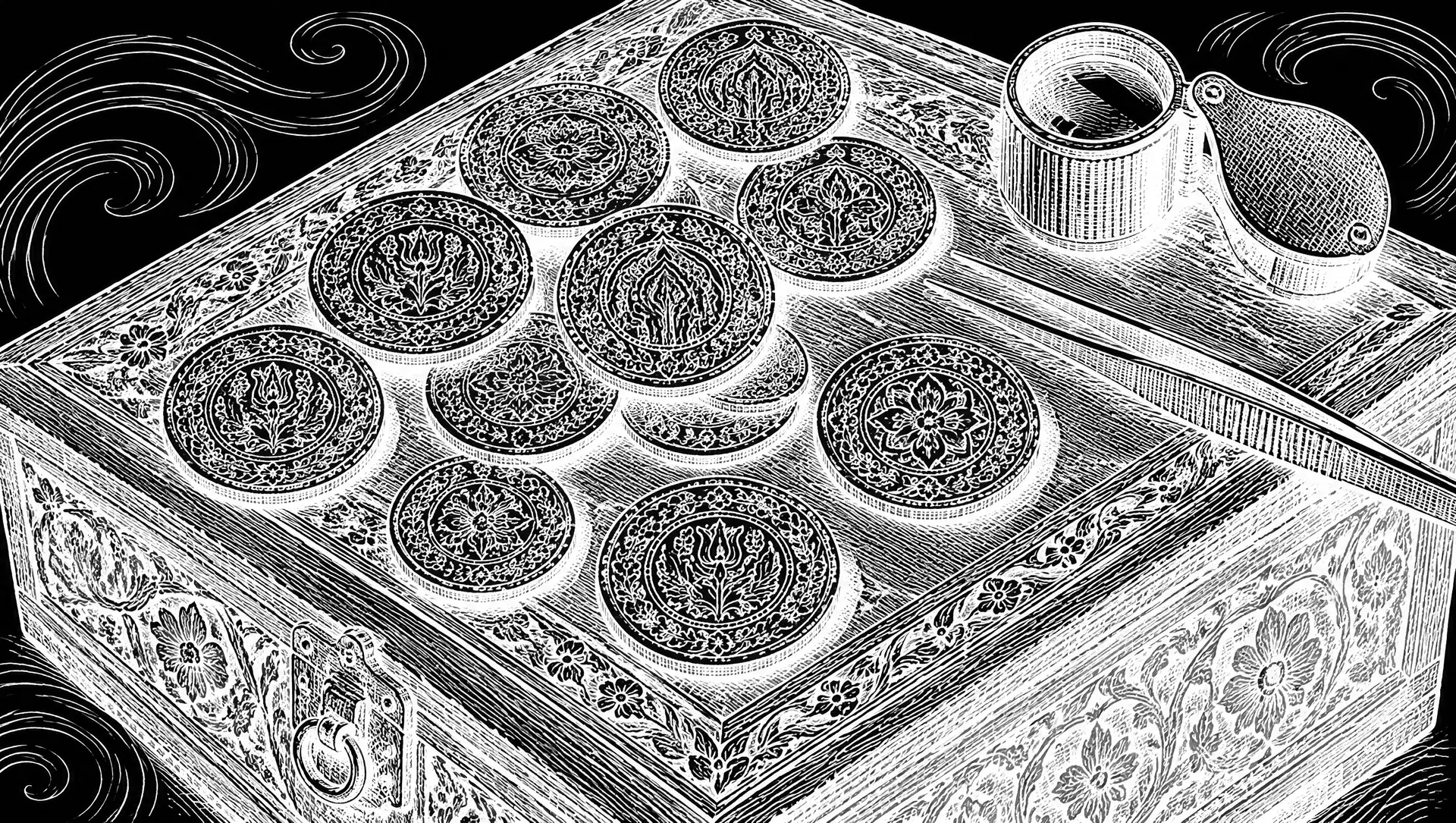 Ink engraving of antique gold coins on a carved jewellery chest