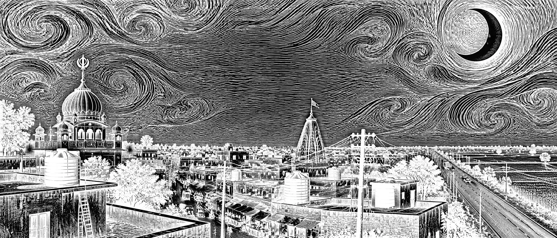 Ink engraving of a small North Indian town at night under a swirling sky